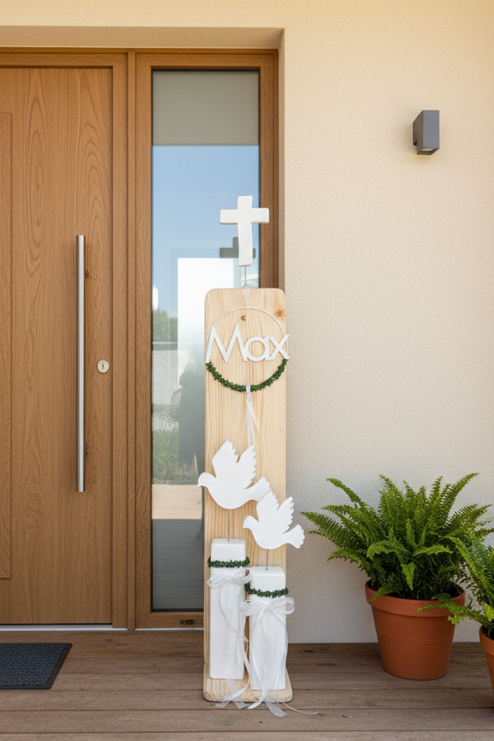 Deko-Stele mit Fischen seitlich am Eingang 3