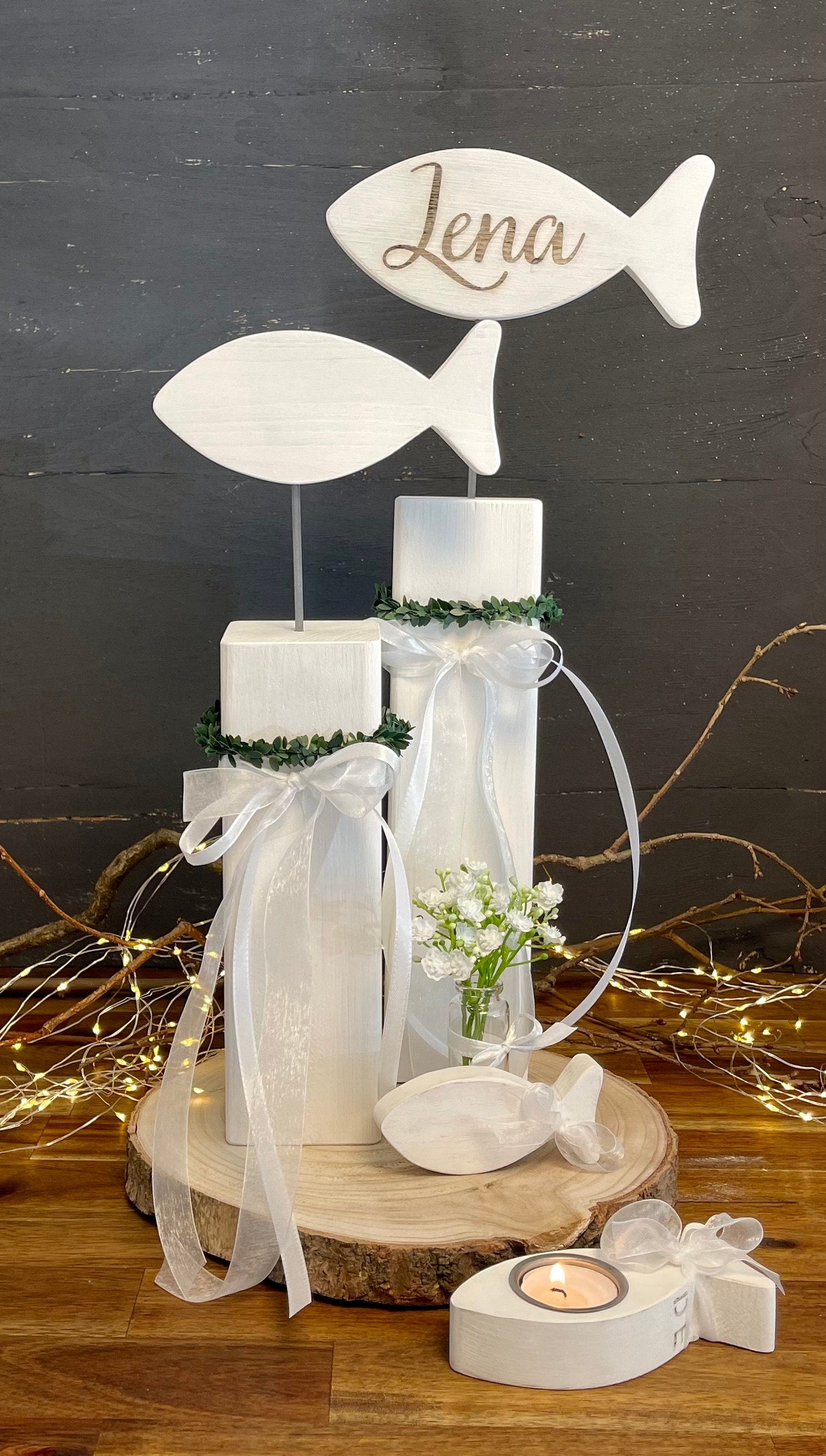 Fisch Deko-Set zur Taufe & Kommunion - Mit Kränzchen & Schleife