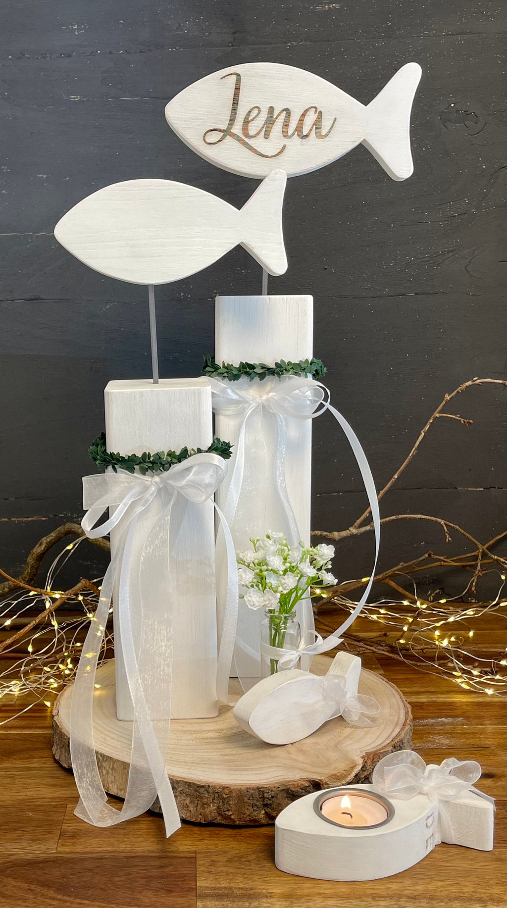 Fisch Deko-Set zur Taufe & Kommunion - Mit Kränzchen & Schleife