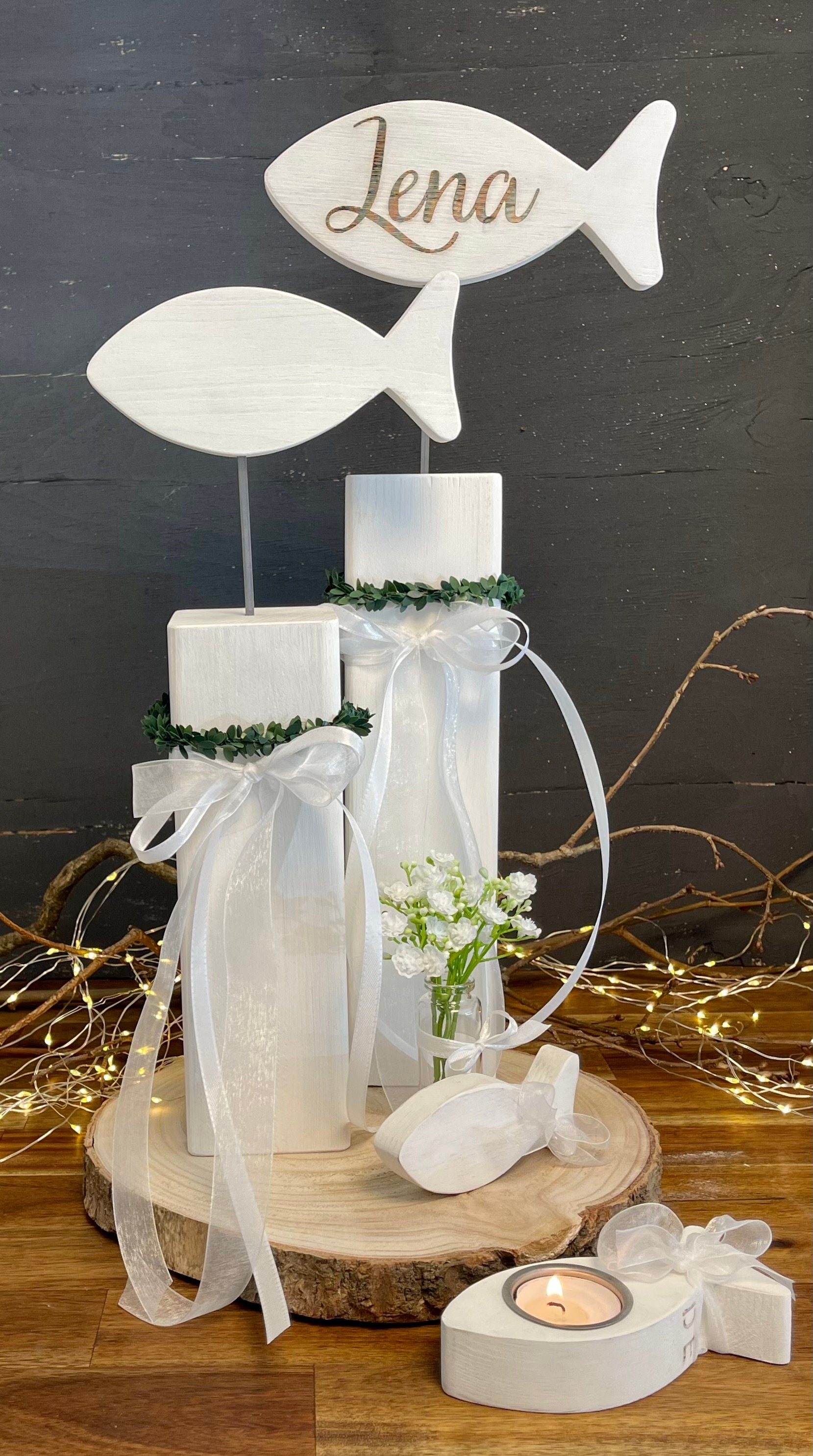 Fisch Deko-Set zur Taufe & Kommunion - Mit Kränzchen & Schleife