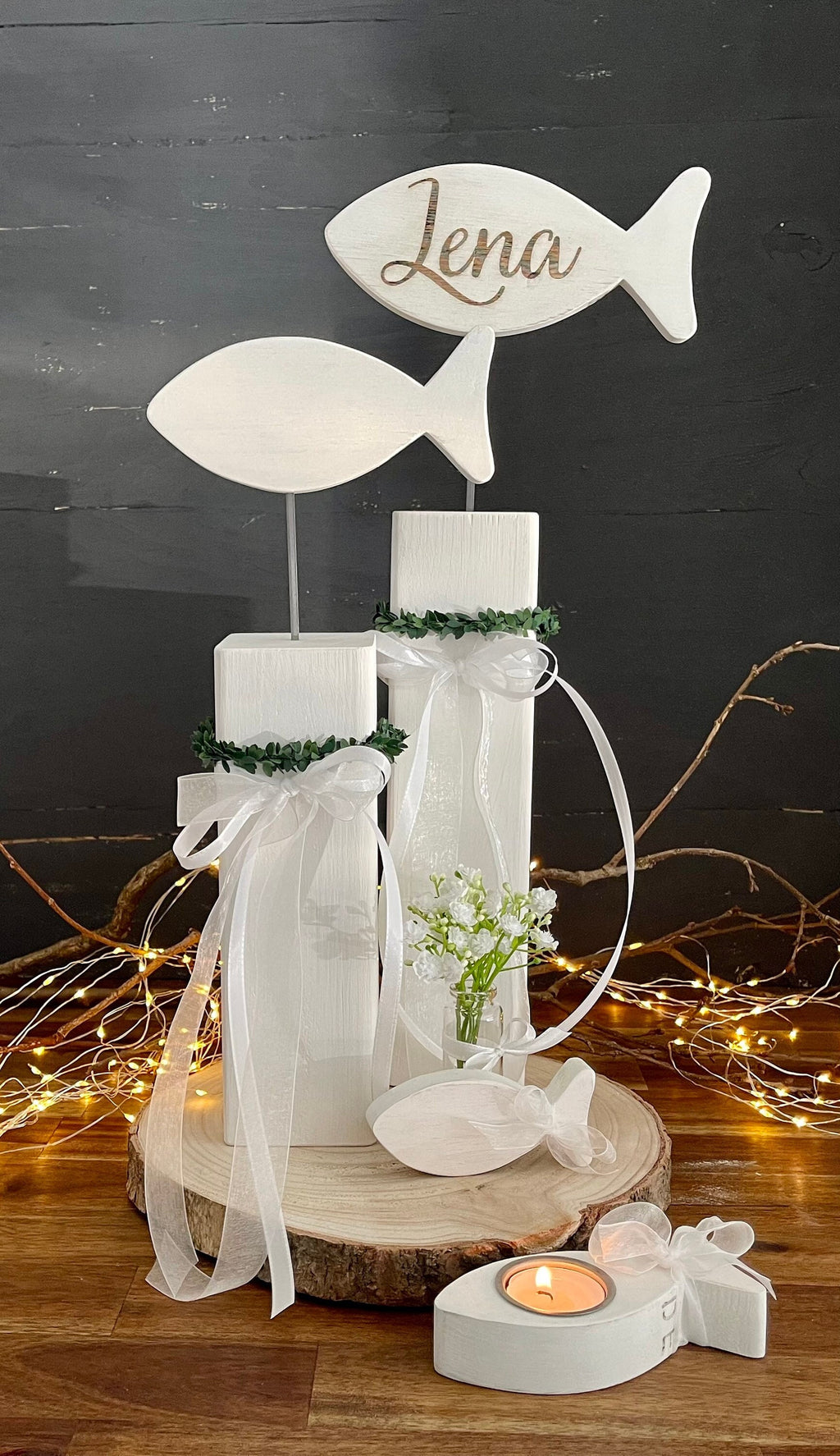 Fisch Deko-Set zur Taufe & Kommunion - Mit Kränzchen & Schleife