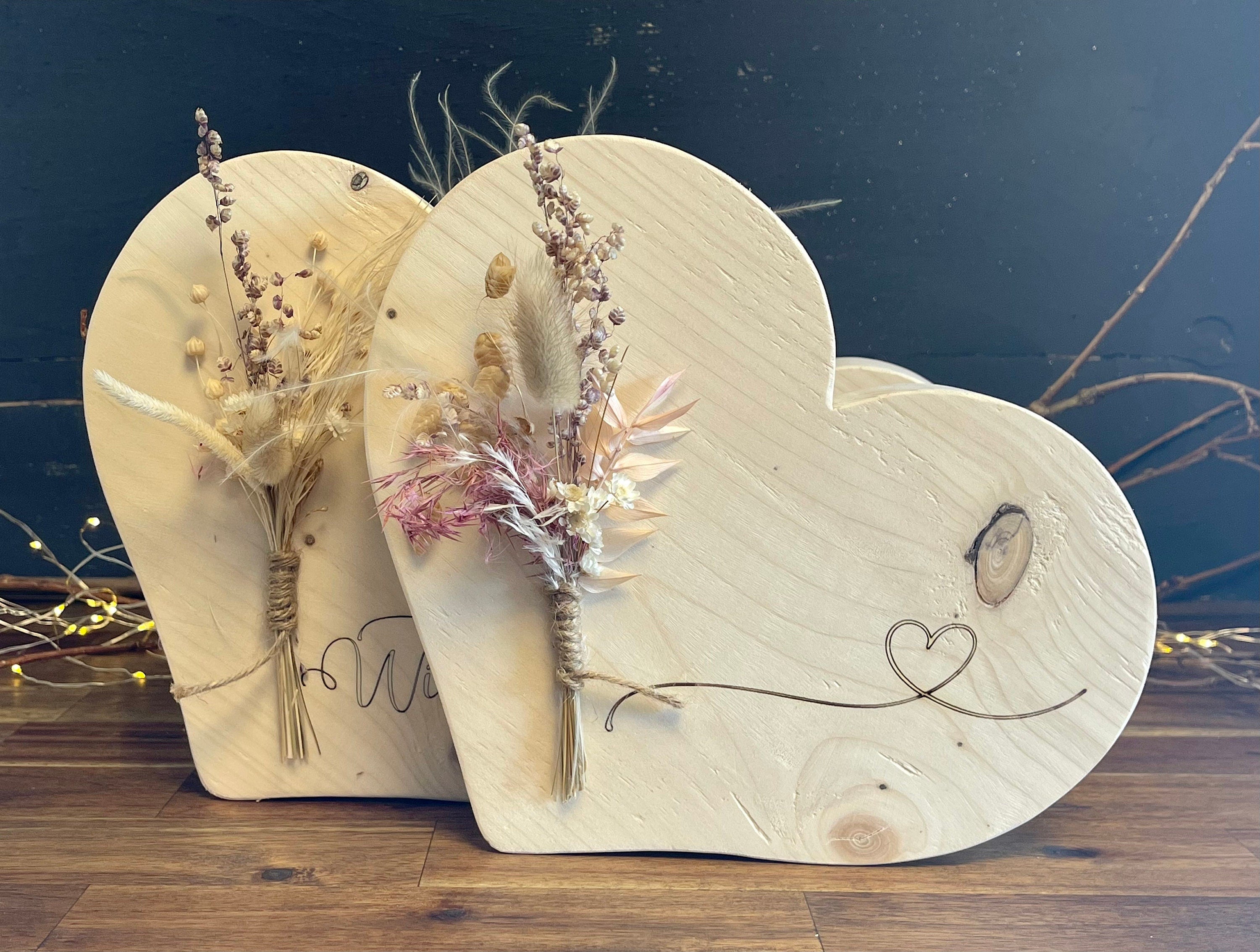 XL Herz aus Holz mit Trockenblumen - Geschenk zur Hochzeit & Geburtstag