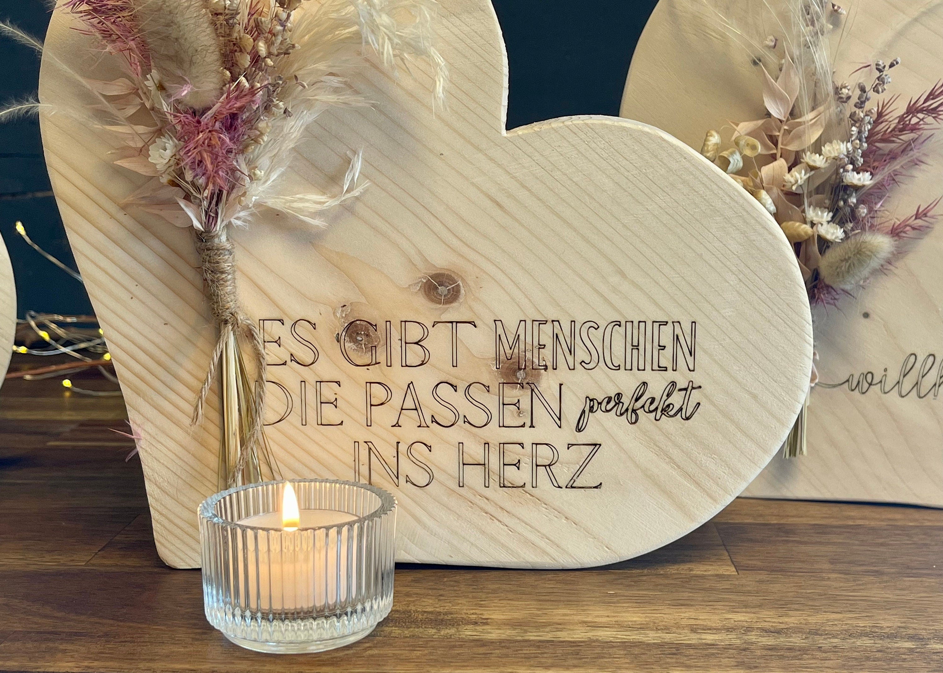 XL Herz aus Holz mit Trockenblumen - Geschenk zur Hochzeit & Geburtstag