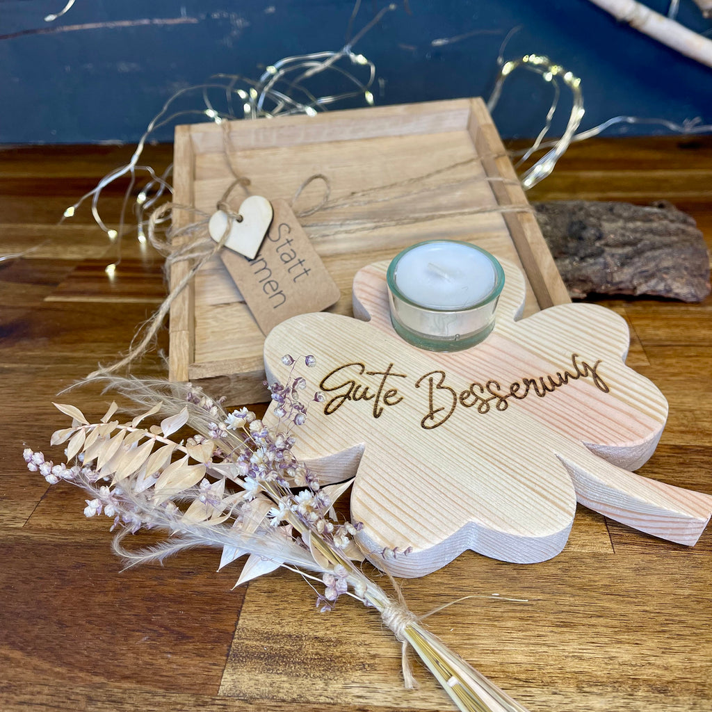 Glücksbringer Kleeblatt aus Holz - Geschenk zur Genesung & Gute Besserung