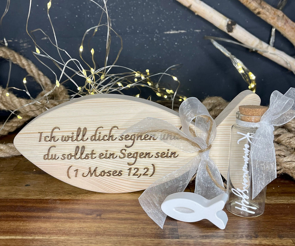 Fisch Geldgeschenk zur Taufe & Kommunion - Holz mit Gläschen