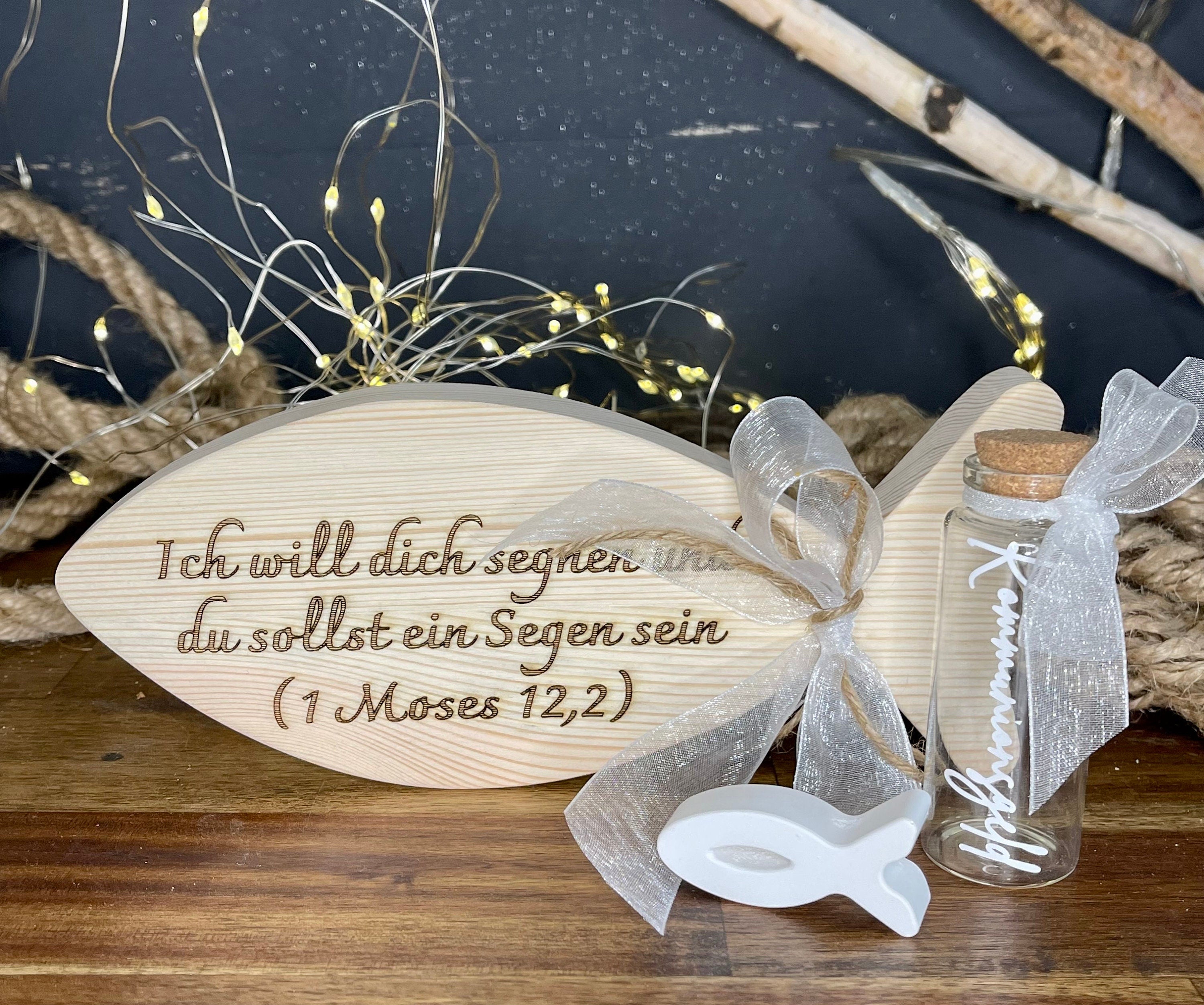 Fisch Geldgeschenk zur Taufe & Kommunion - Holz mit Gläschen