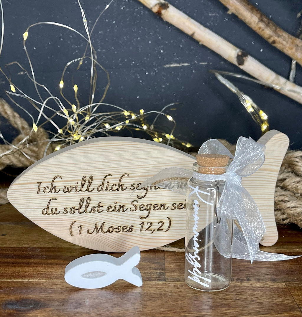 Fisch Geldgeschenk zur Taufe & Kommunion - Holz mit Gläschen