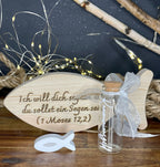 Fisch Geldgeschenk zur Taufe & Kommunion - Holz mit Gläschen