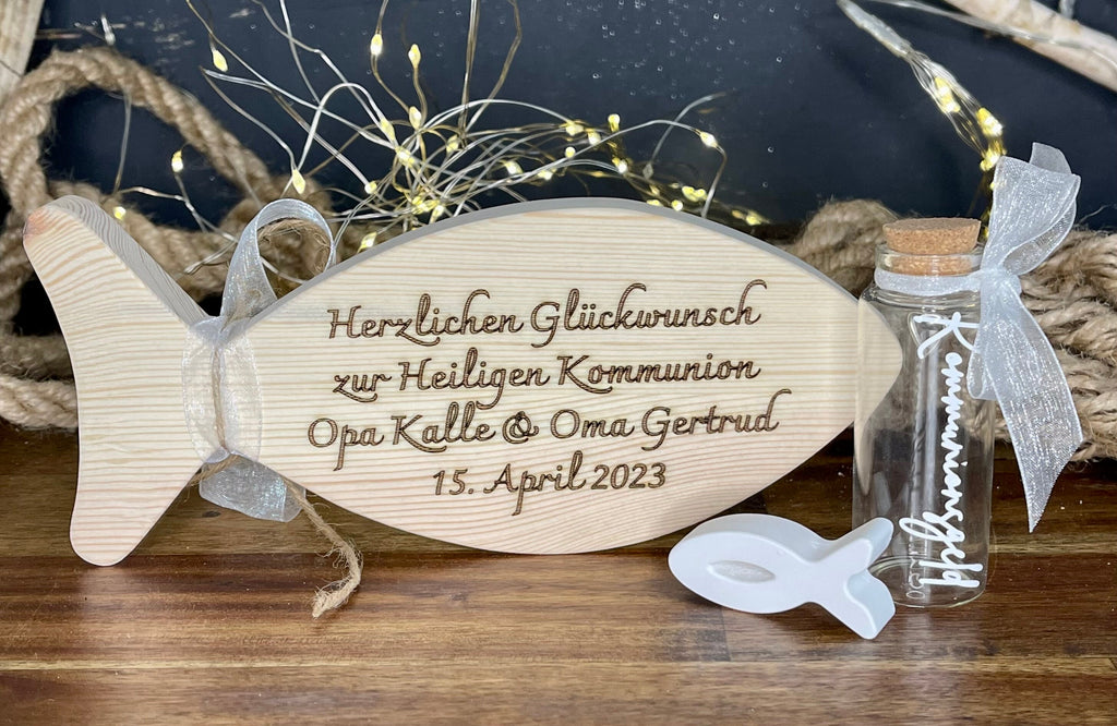 Fisch Geldgeschenk zur Taufe & Kommunion - Holz mit Gläschen