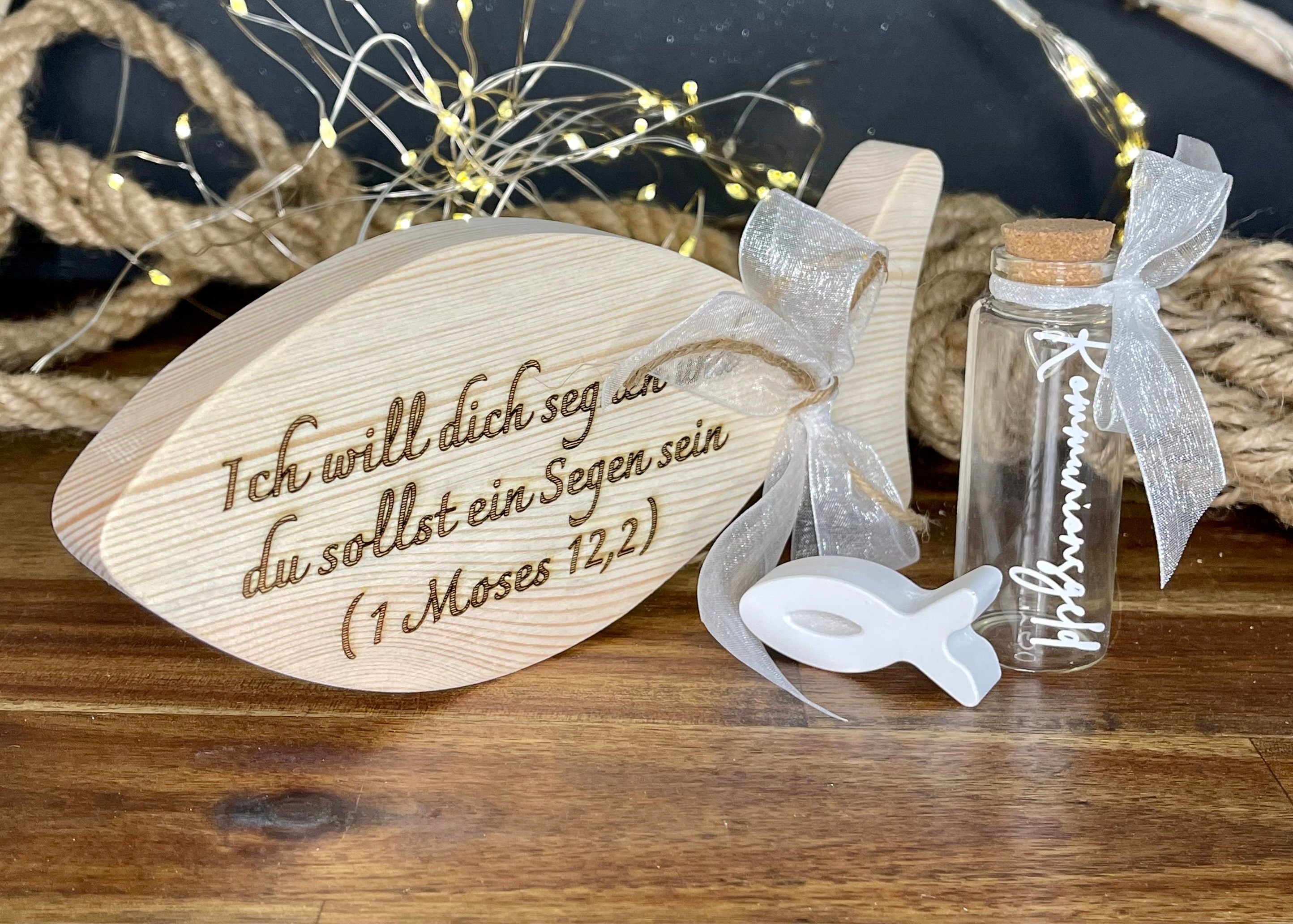 Fisch Geldgeschenk zur Taufe & Kommunion - Holz mit Gläschen