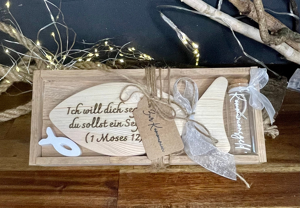 Fisch Geldgeschenk zur Taufe & Kommunion - Holz mit Gläschen