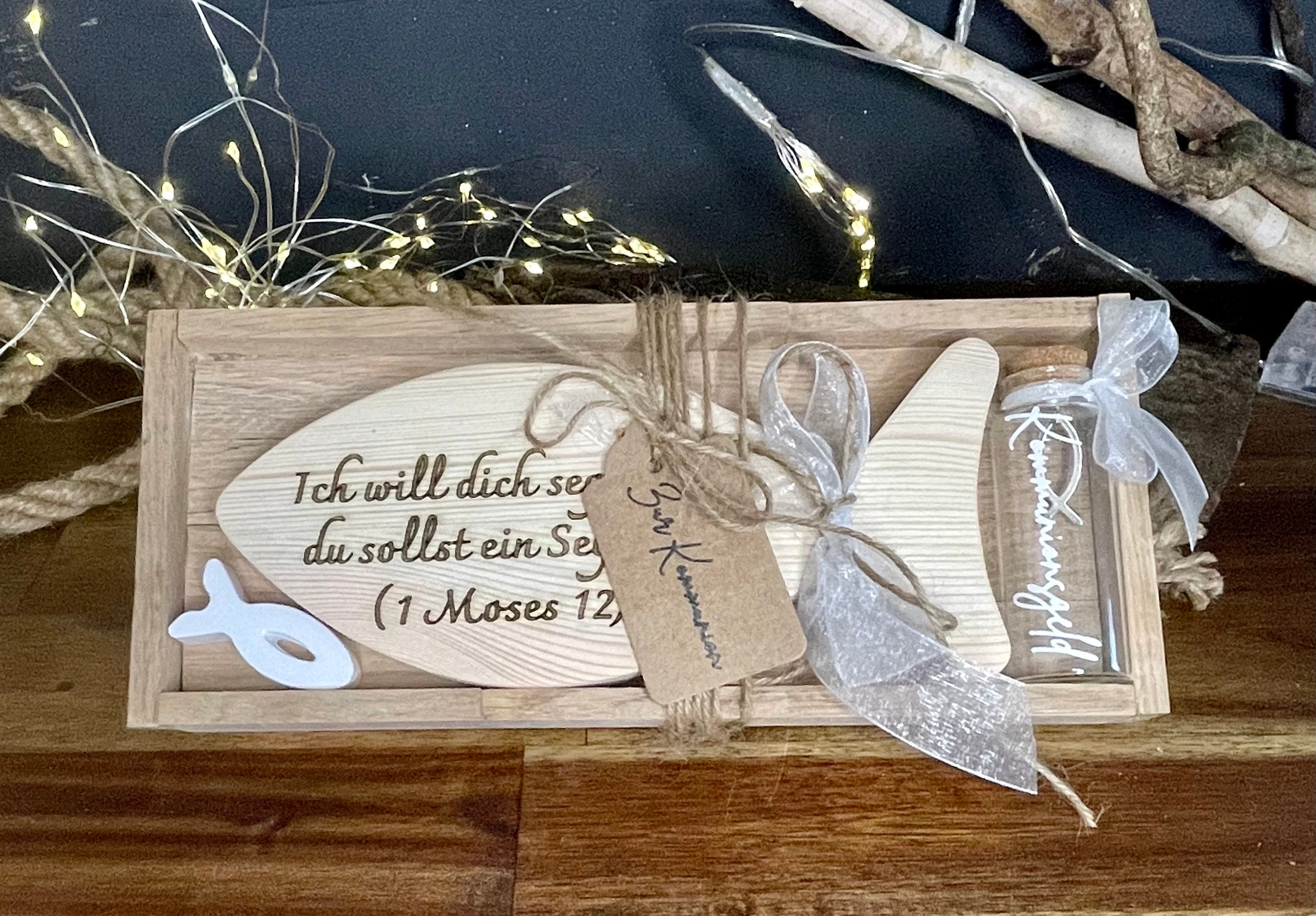 Fisch Geldgeschenk zur Taufe & Kommunion - Holz mit Gläschen