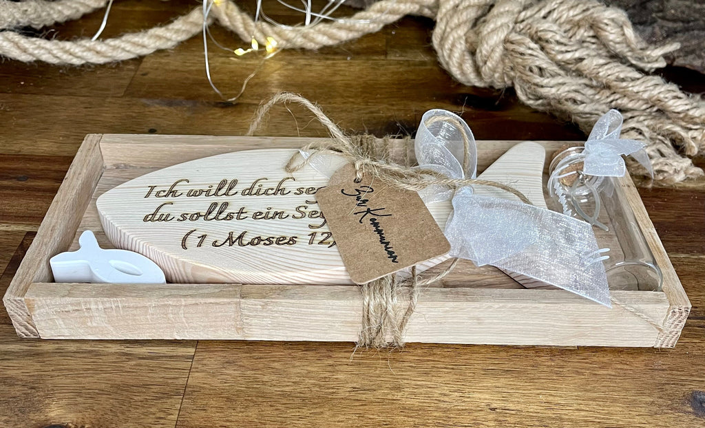 Fisch Geldgeschenk zur Taufe & Kommunion - Holz mit Gläschen