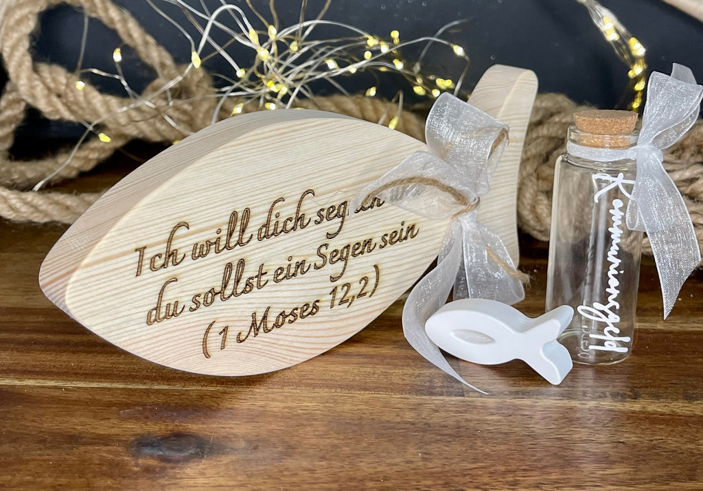 Fisch Geldgeschenk zur Taufe & Kommunion - Holz mit Gläschen