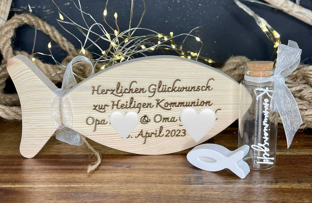 Fisch Geldgeschenk zur Taufe & Kommunion - Holz mit Gläschen