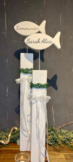 Stele XL mit Fisch zur Taufe & Kommunion - Mit Kränzchen & Schleife in 2 Größen