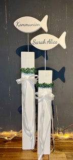 Stele XL mit Fisch zur Taufe & Kommunion - Mit Kränzchen & Schleife in 2 Größen