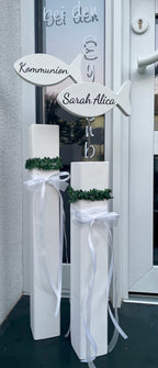 Stele XL mit Fisch zur Taufe & Kommunion - Mit Kränzchen & Schleife in 2 Größen