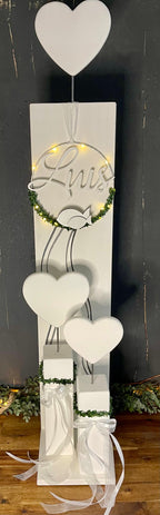 Herz Deko Stele Set zur Taufe & Kommunion - Komplett mit Kranz & Lichterkette