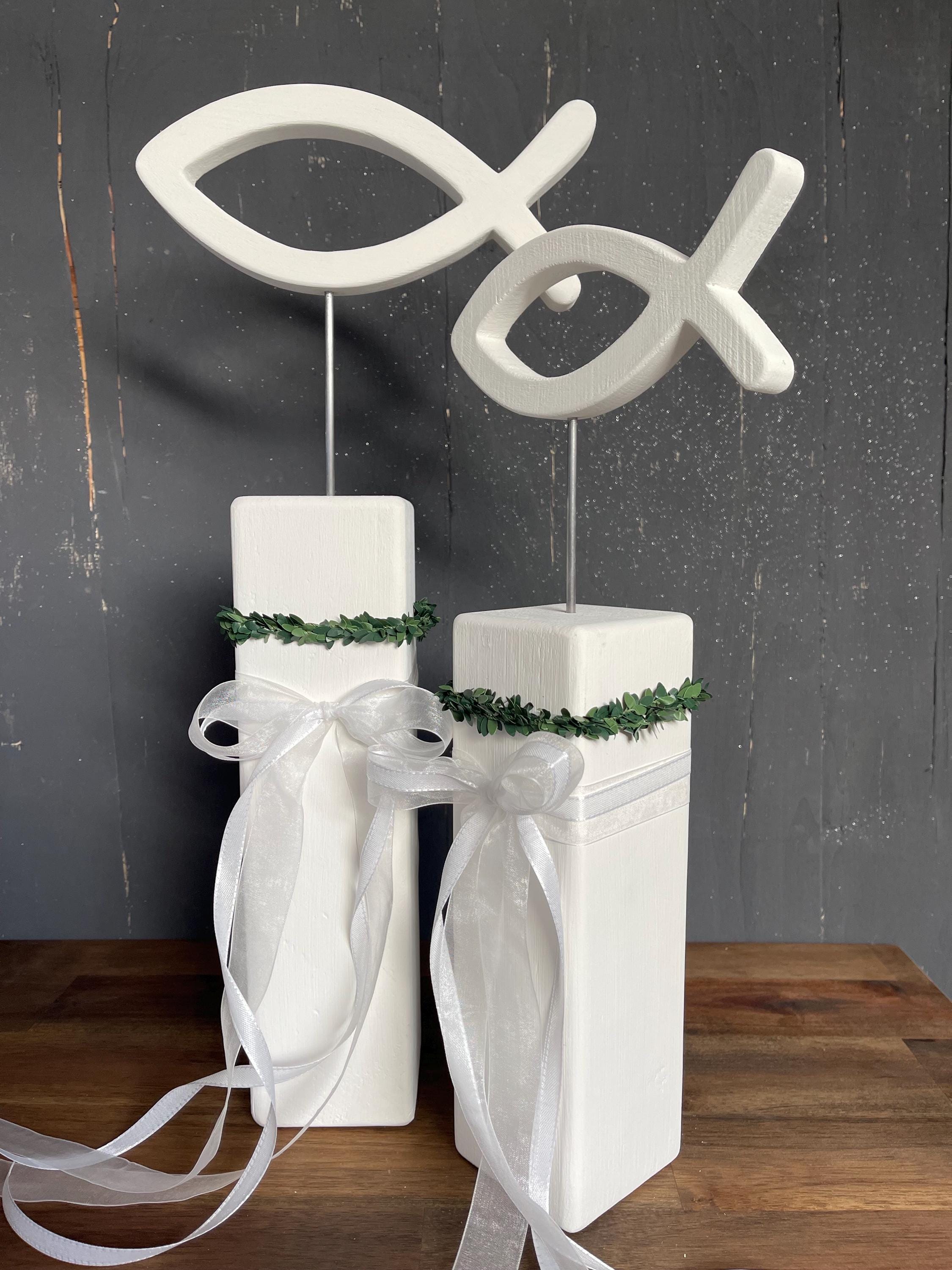 Holzstele mit Jesusfisch zur Taufe & Kommunion - Handgefertigt in 2 Größen