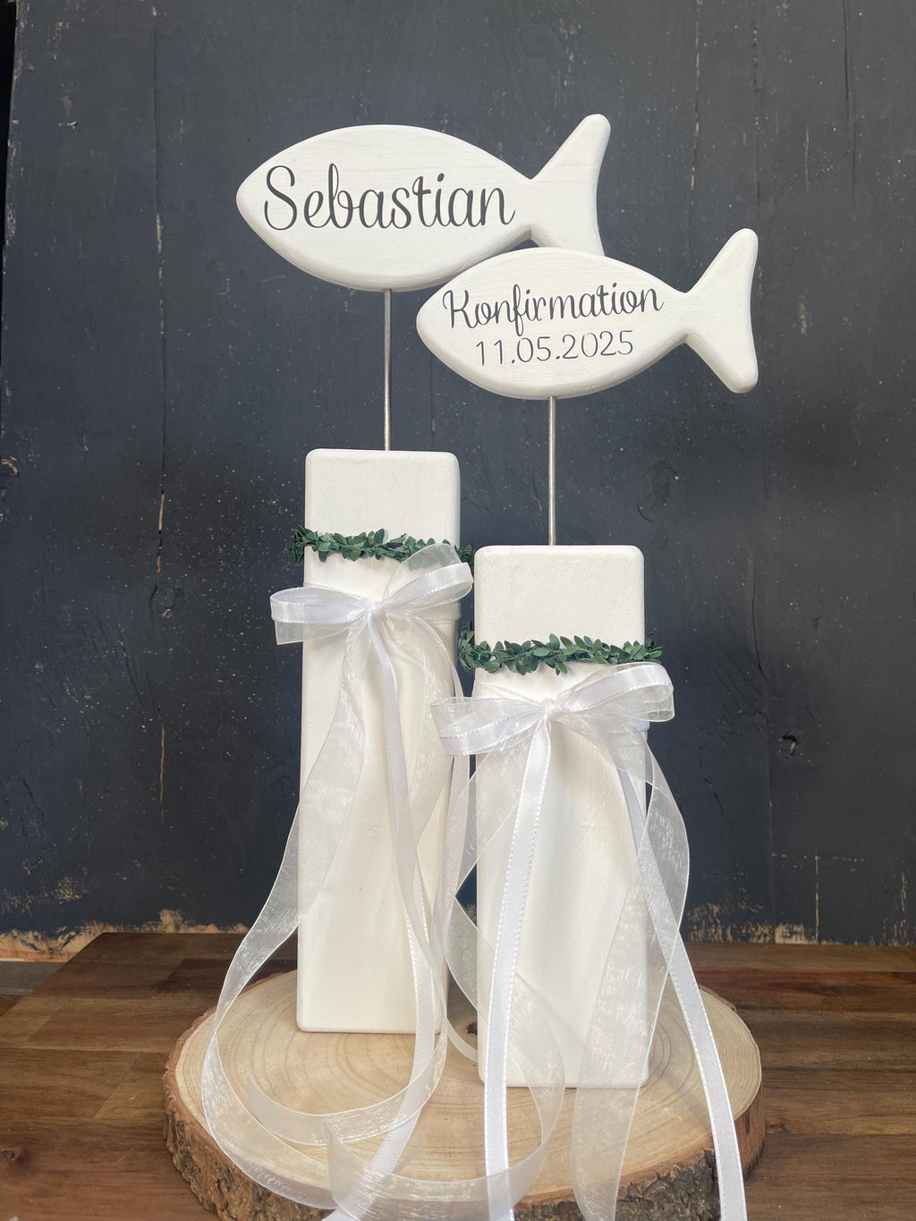 Deko Stelen Set mit Fischen - Taufe, Kommunion & Konfirmation | Personalisierbar mit Namen