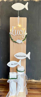 Deko Stelen Set mit Fischen - Taufe, Kommunion & Konfirmation | Personalisierbar mit Namen